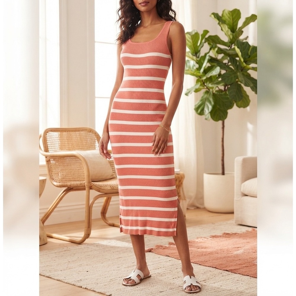 Time and Tru Coral Pink White Striped Ribbed Knit Maxi Dress Sleeveless Small 6